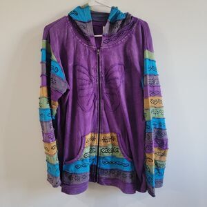 Y2K Vintage Womens Zip Hoodie Sweatshirt Size Large Butterfly Patchwork Hippie